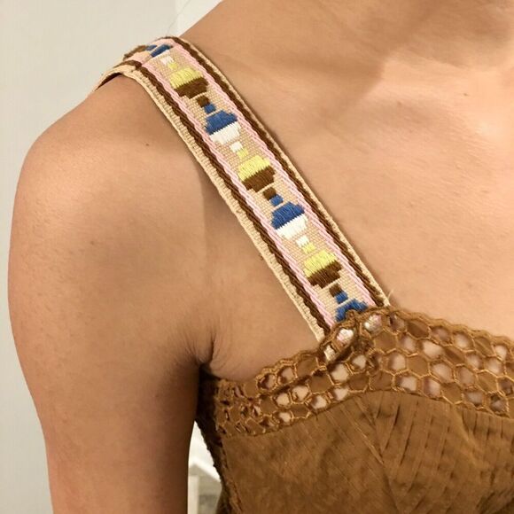 CATHERINE MALANDRINO Brown Silk Embroidered Trim Macrame Pleats Sundress Small 4 - Picture 4 of 6